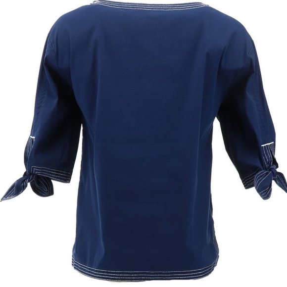 NWT LANDS' END WOMEN'S 3/4 SLEEVE POPLIN TIE SLEEVE SHIRT DEEP SEA NAVY 2P - Picture 5 of 8